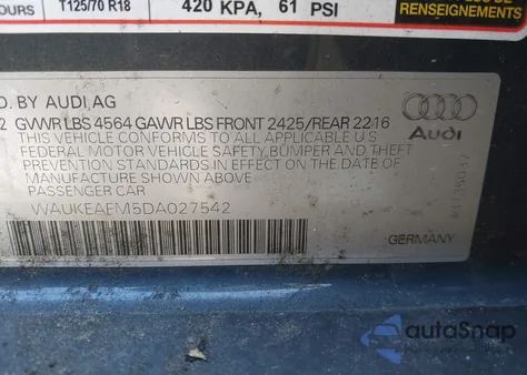 2013 Audi A3 2.0T Premium z USA, uszkodzony, nr VIN WAUKEAFM5DA027542